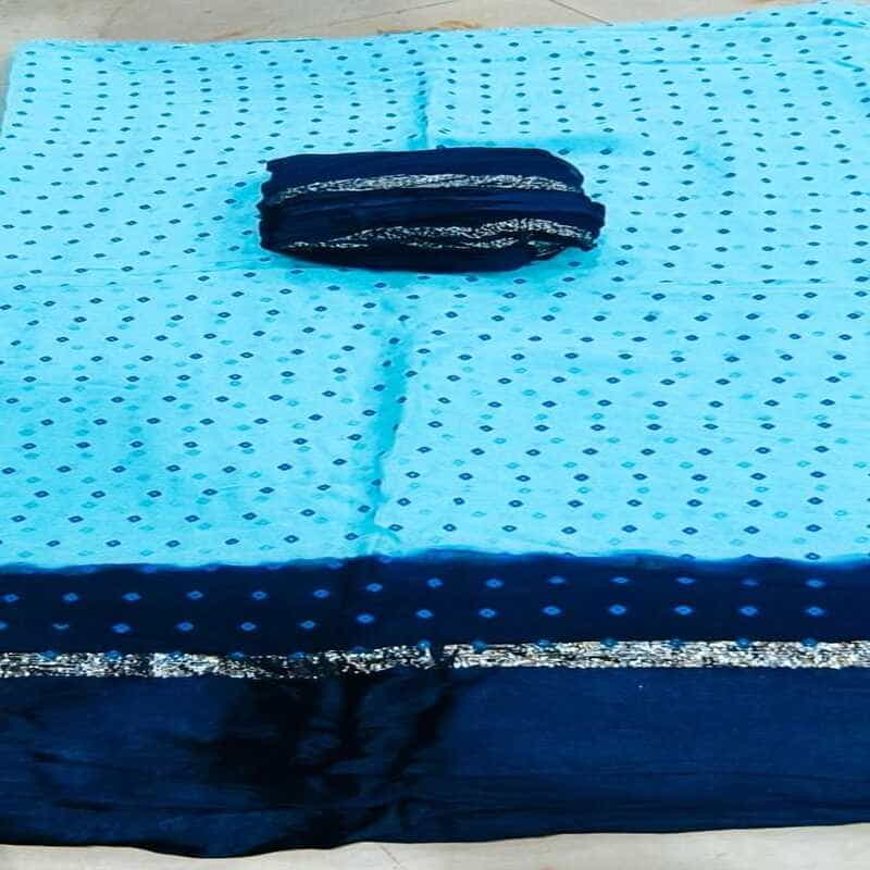 Pure Viscose Georget Satan Patta Bhandhej Saree, Sky Blue