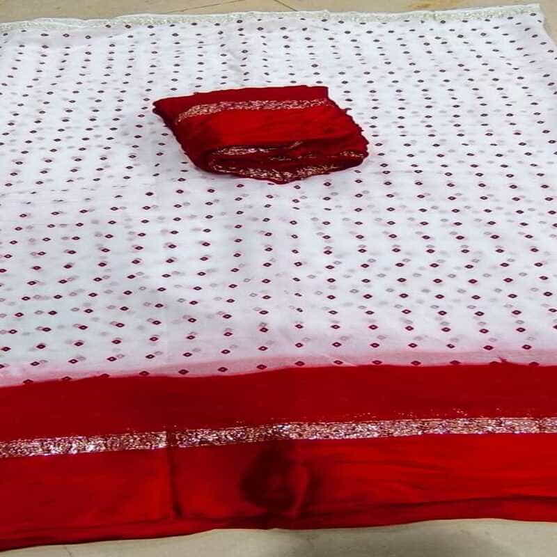Pure Viscose Georget Satan Patta Bhandhej Saree, White