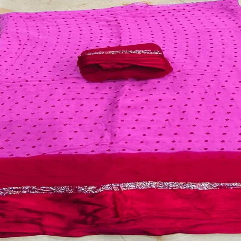 Pure Viscose Georget Satan Patta Bhandhej Saree, Pink
