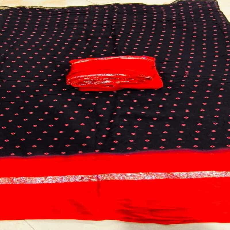 Pure Viscose Georget Satan Patta Bhandhej Saree, Black