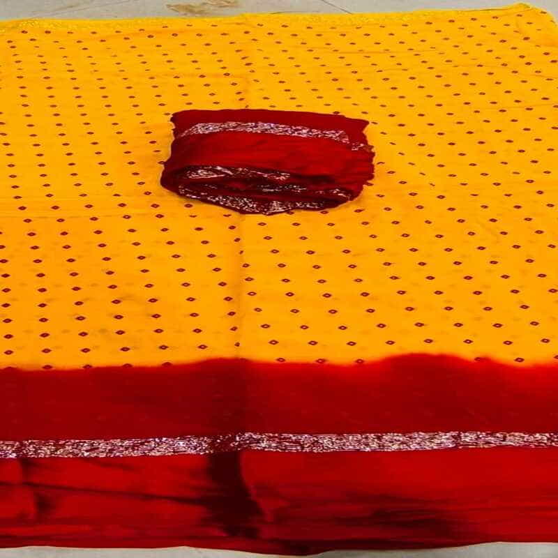 Pure Viscose Georget Satan Patta Bhandhej Saree, Yellow