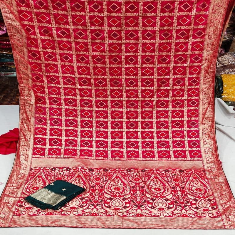 pure viscose Georgette  zari checks fabric, Red