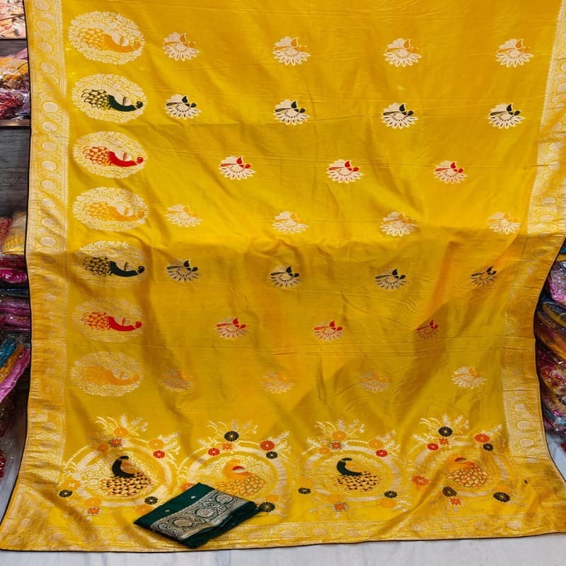 Dola Mina Peacock Zari Fabric Saree, Yellow