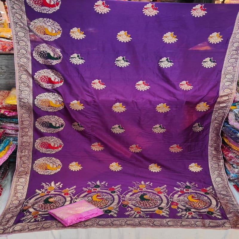 Dola Mina Peacock Zari Fabric Saree, Violet