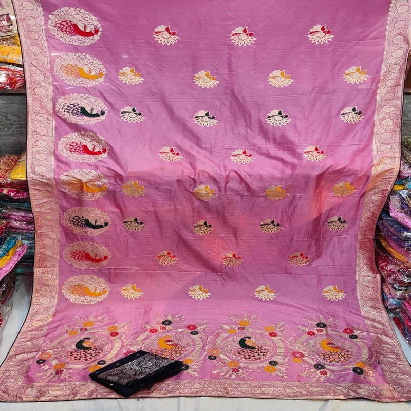Dola Mina Peacock Zari Fabric Saree, Pink