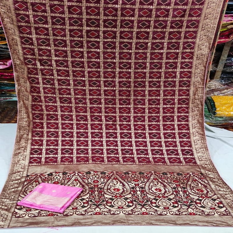 pure viscose Georgette  zari checks fabric, Violet