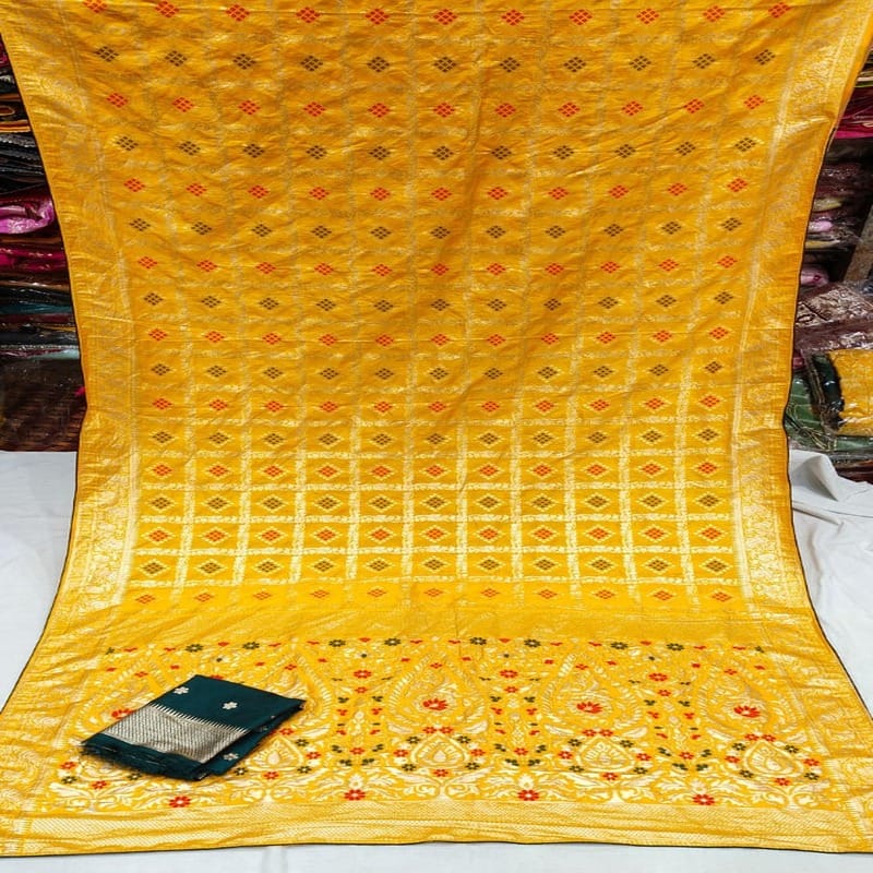 pure viscose Georgette  zari checks fabric, Yellow