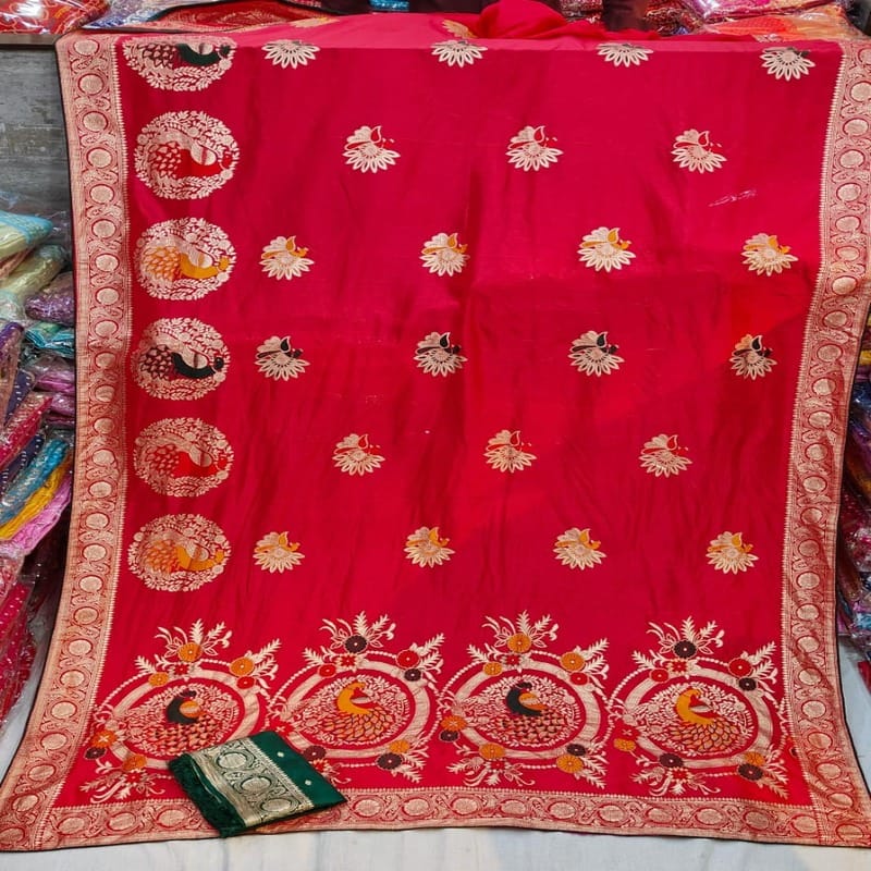 Dola Mina Peacock Zari Fabric Saree, Red
