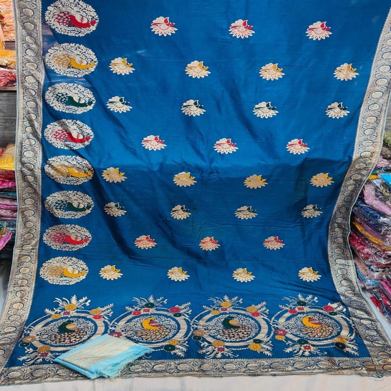 Dola Mina Peacock Zari Fabric Saree, Blue