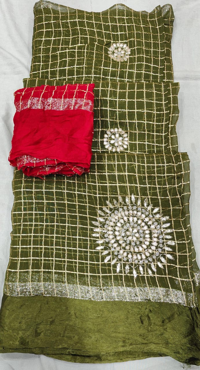 Designer Sequin Sun Motif Party Wear Saree with Blouse PieceMehandi Green