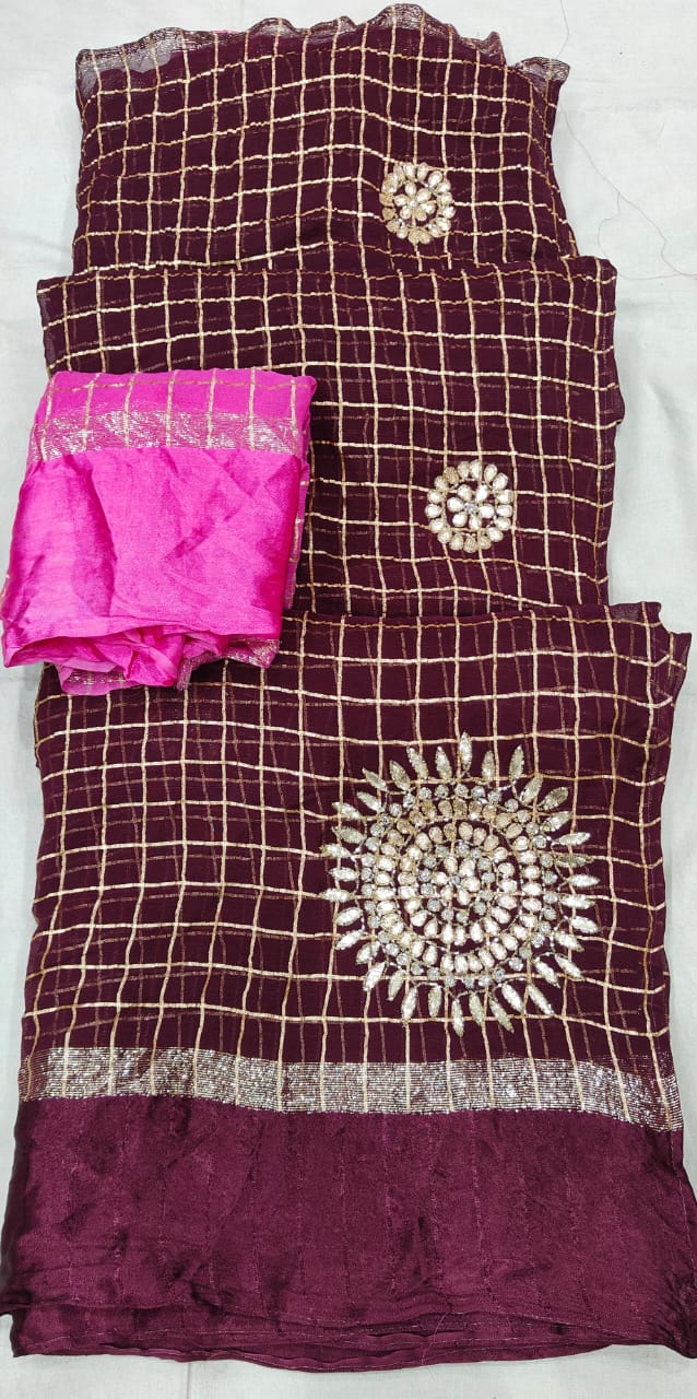 Designer Sequin Sun Motif Party Wear Saree with Blouse PieceMaroon