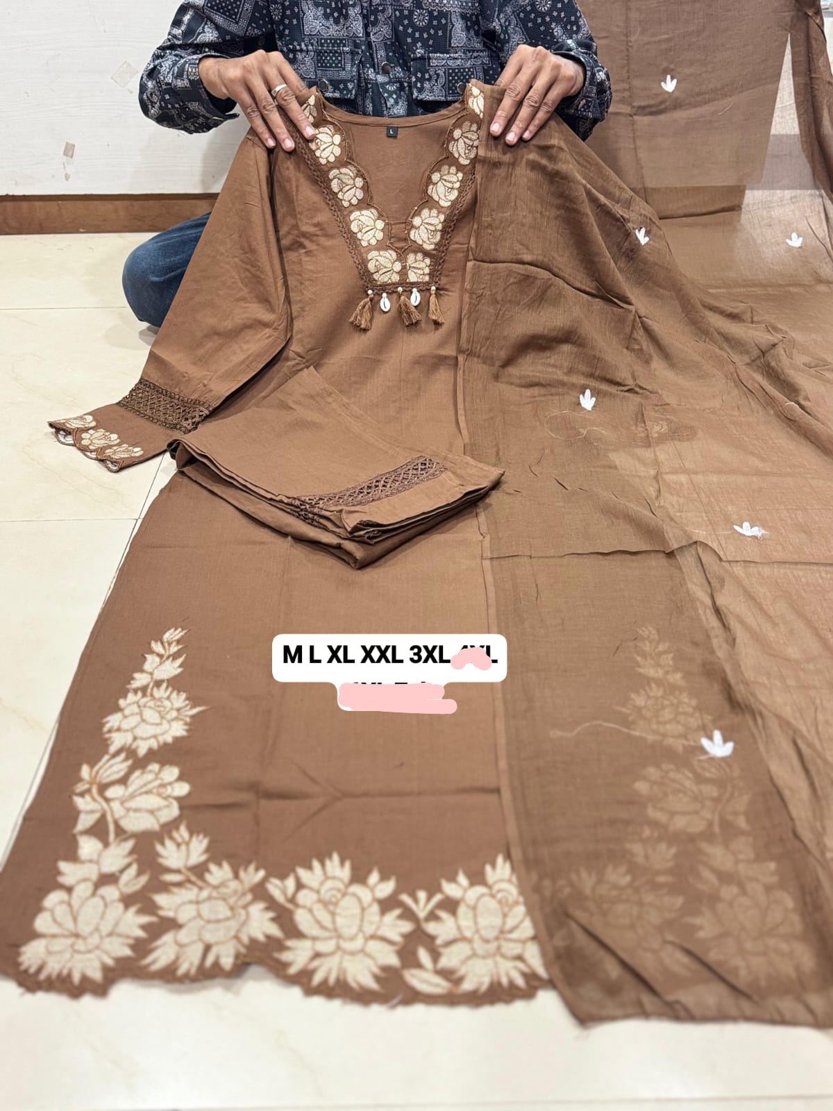 Premium Cotton Kurti Pant Dupatta Set with Embroidered Neckline
