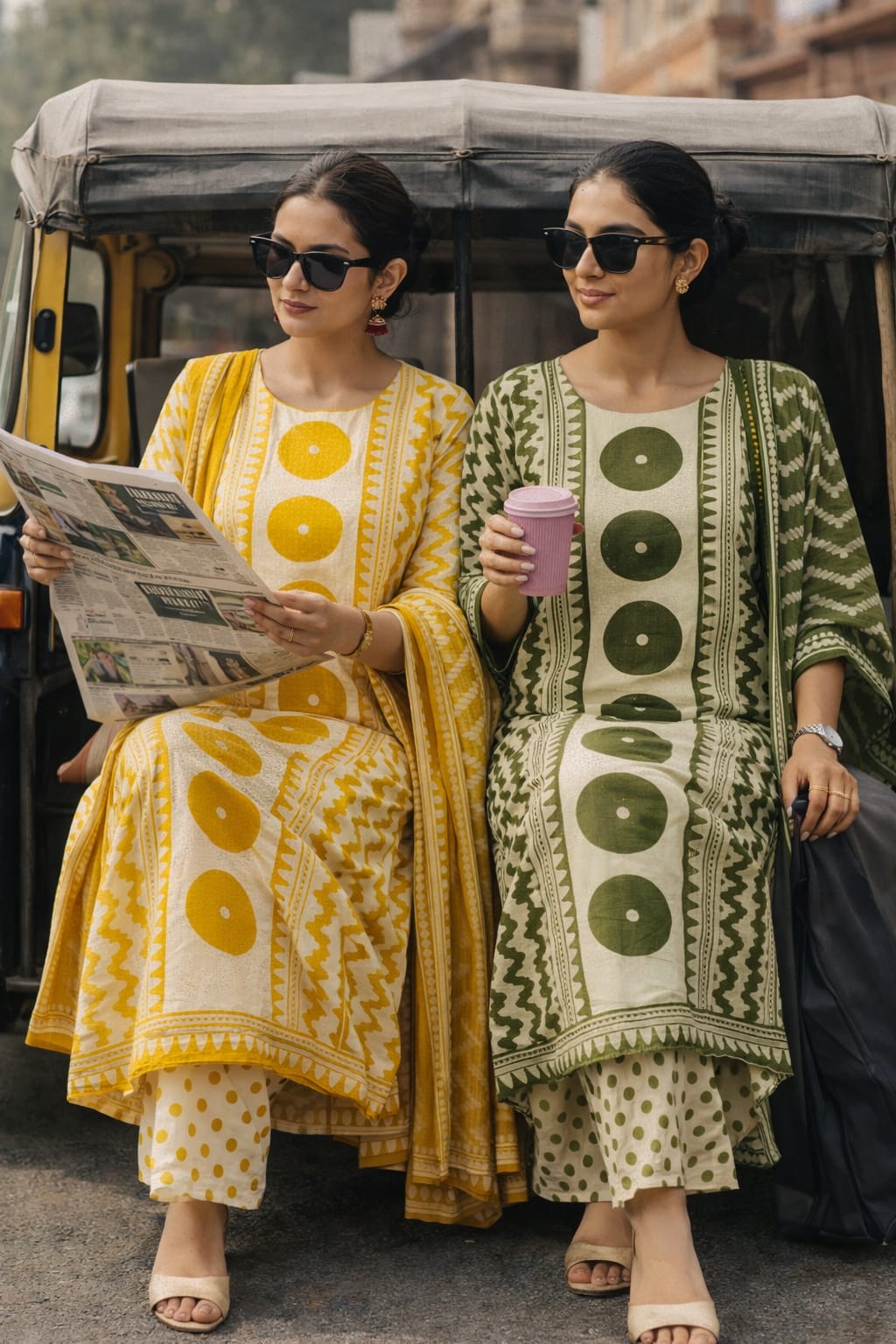 Ethnic Handblock Print Cotton Kurta Palazzo Suit Set with Dupatta