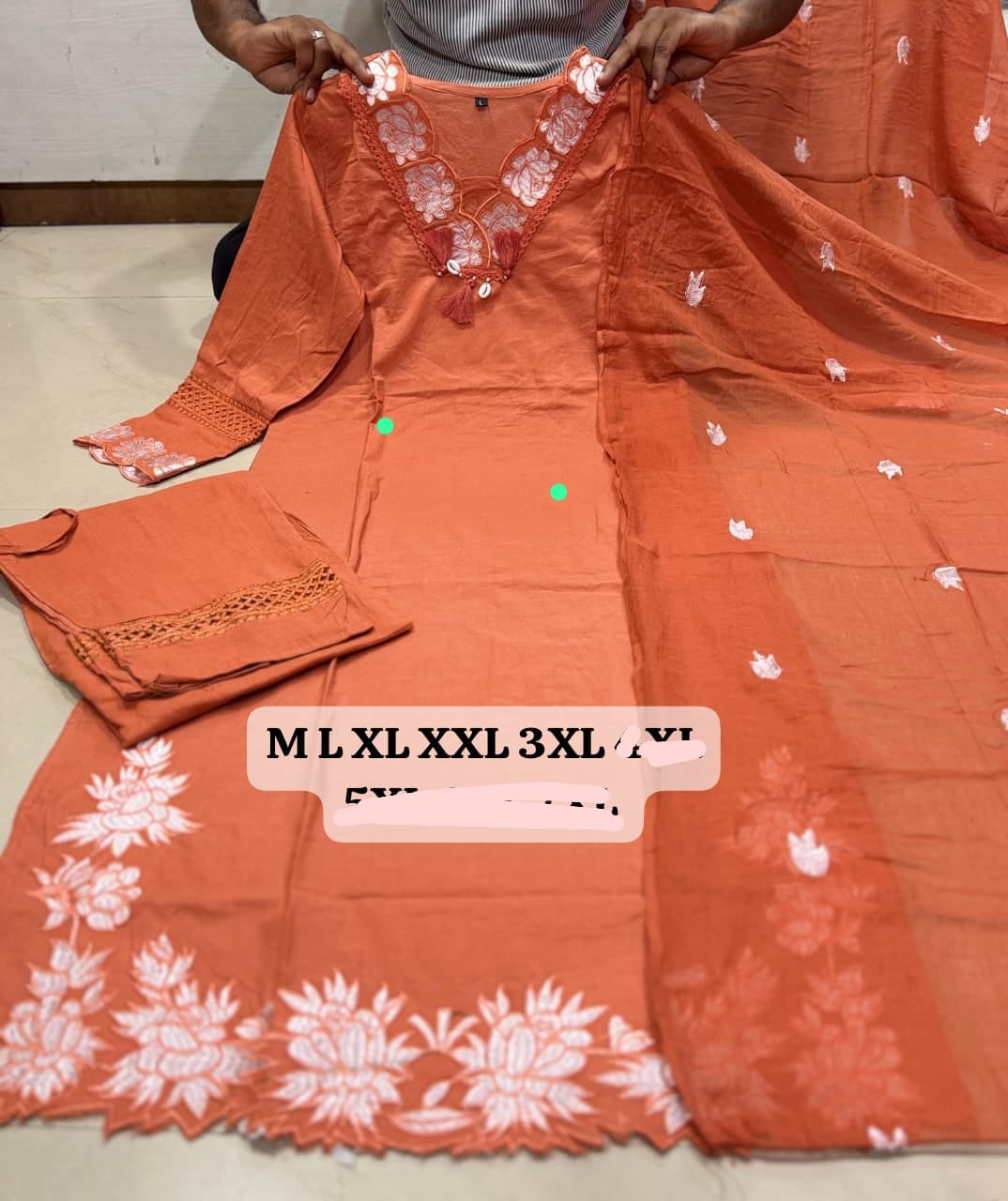 Premium Cotton Kurti Pant Dupatta Set with Embroidered Neckline