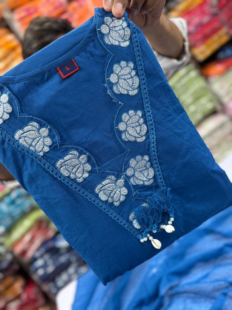 Royal Blue Floral Embroidered Cotton Suit Set with Dupatta