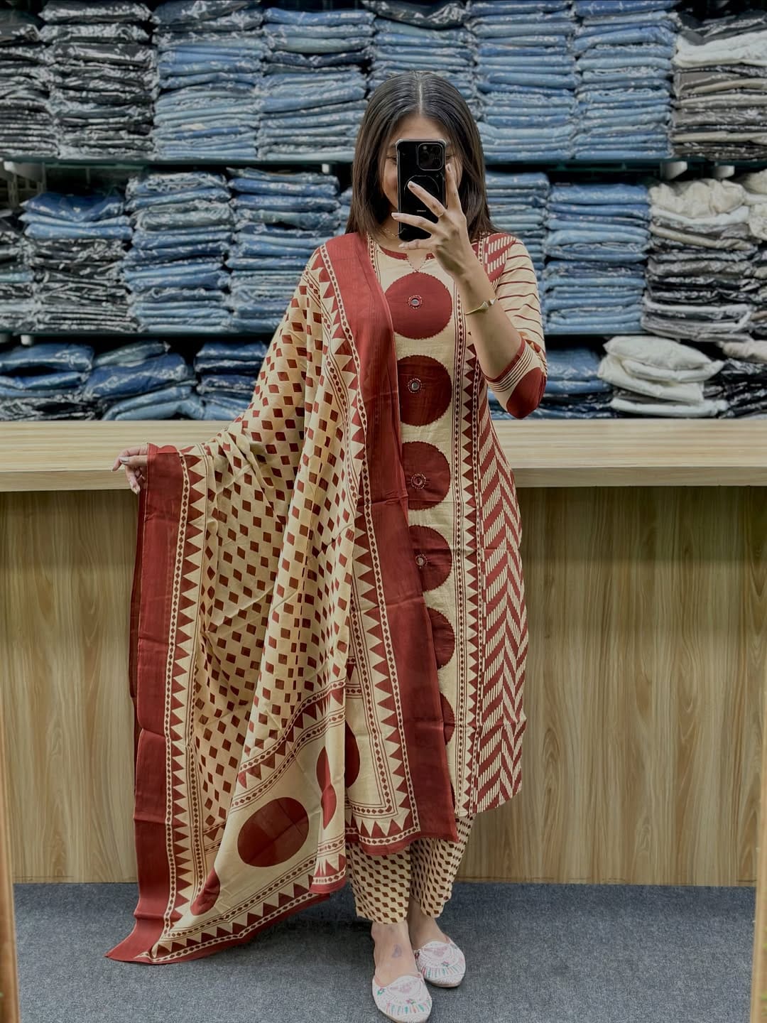 Ethnic Handblock Print Cotton Kurta Palazzo Suit Set with Dupatta