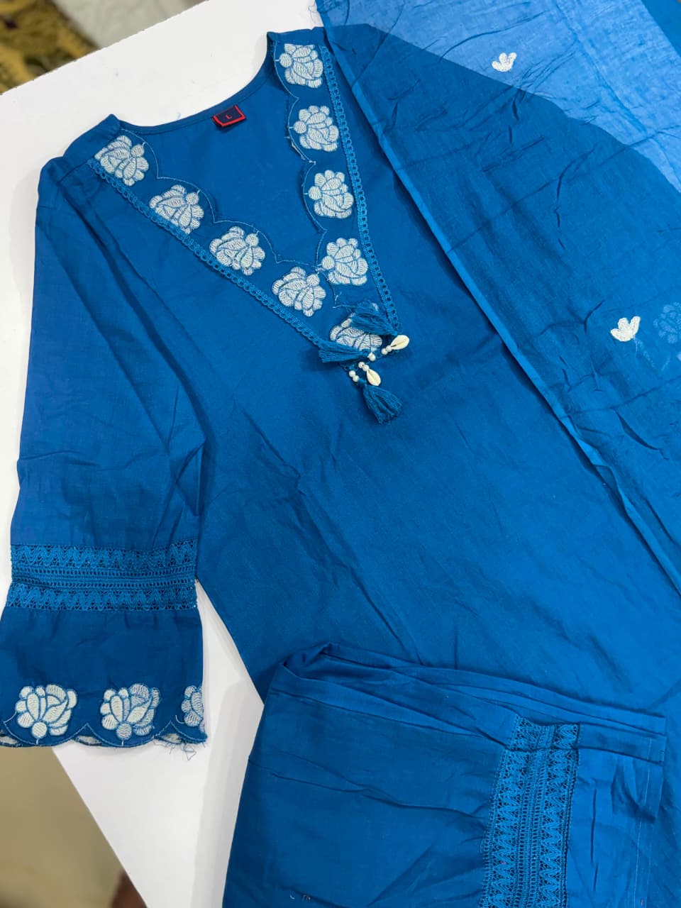 Royal Blue Floral Embroidered Cotton Suit Set with Dupatta