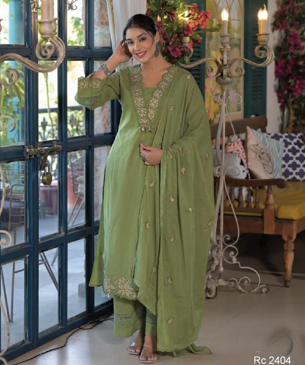 Premium Cotton Kurti Pant Dupatta Set with Embroidered Neckline