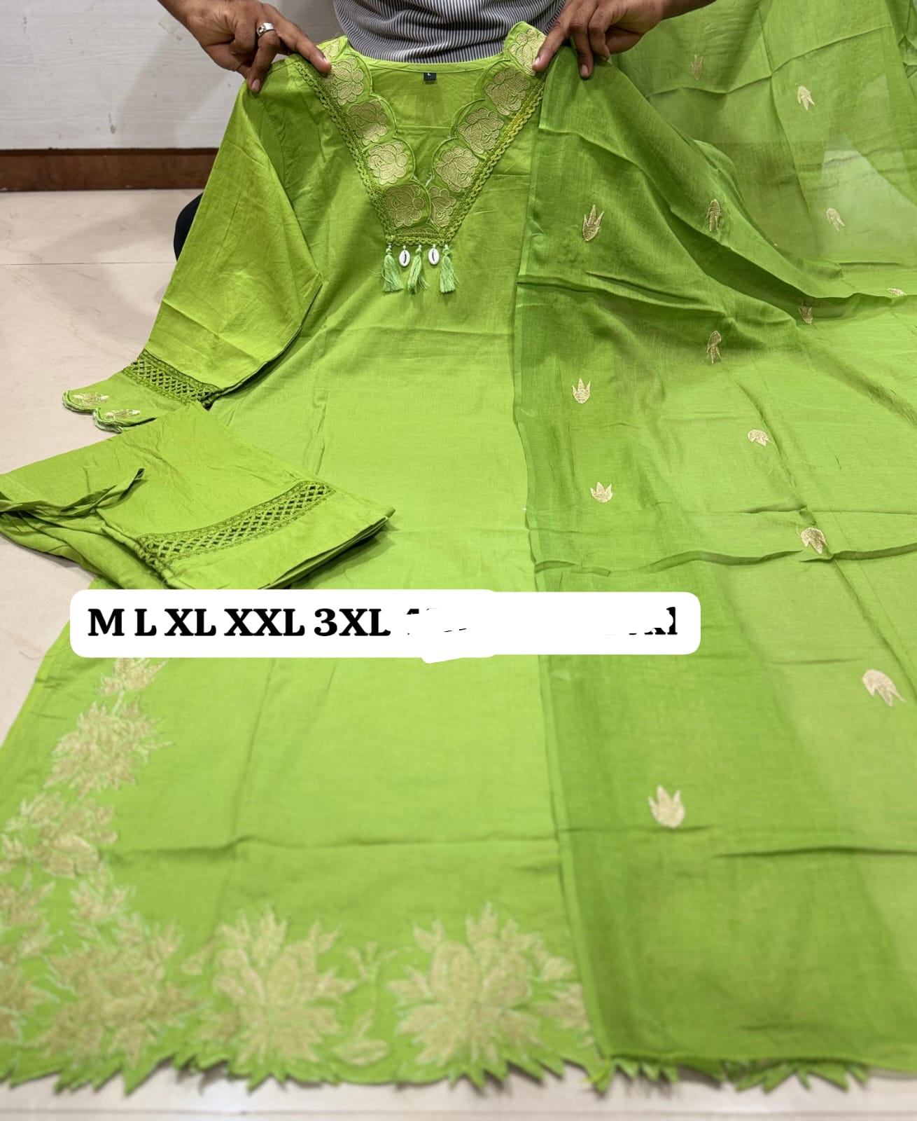 Premium Cotton Kurti Pant Dupatta Set with Embroidered Neckline
