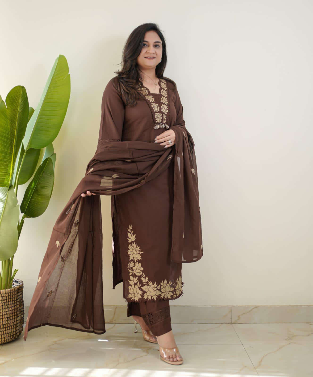 Premium Cotton Kurti Pant Dupatta Set with Embroidered Neckline