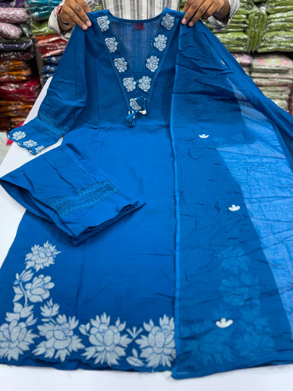 Royal Blue Floral Embroidered Cotton Suit Set with Dupatta