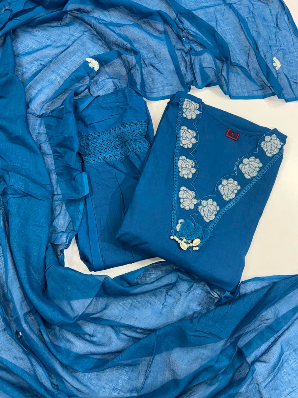 Royal Blue Floral Embroidered Cotton Suit Set with Dupatta