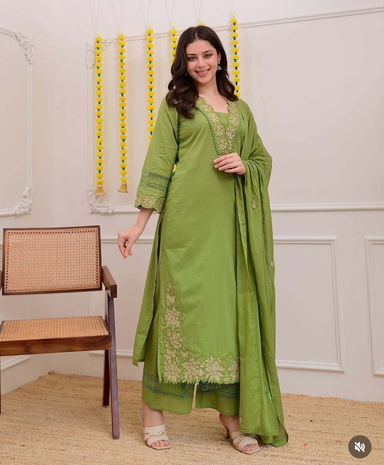 Premium Cotton Kurti Pant Dupatta Set with Embroidered Neckline