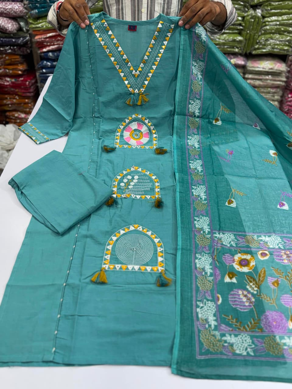 Women's Mirror Work Cotton Kurti with Tassel Neck Design – Multi Color Ethnic Wear