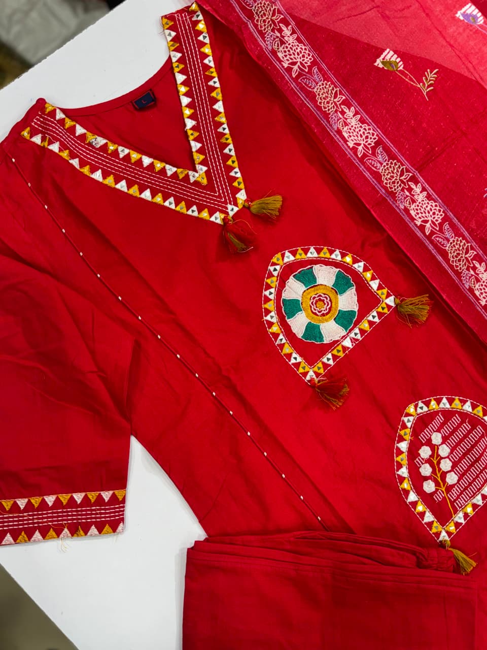 Women's Mirror Work Cotton Kurti with Tassel Neck Design – Multi Color Ethnic Wear