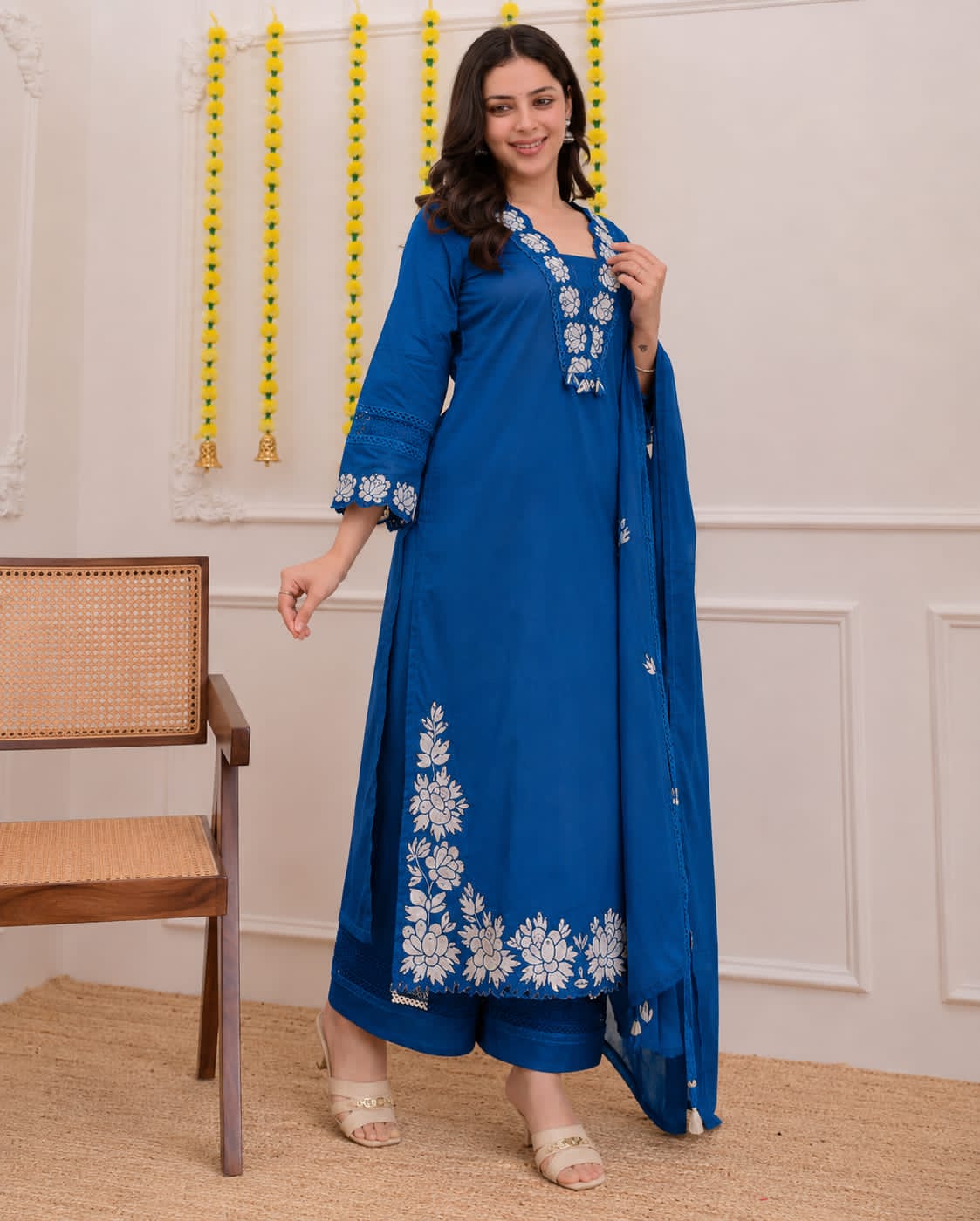 Premium Cotton Kurti Pant Dupatta Set with Embroidered Neckline