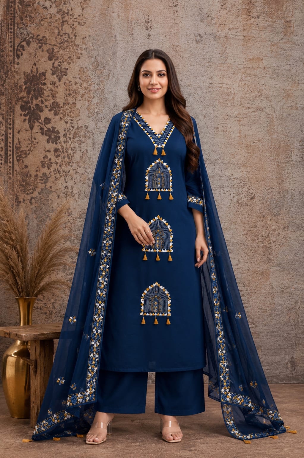Premium Ethnic Mirror Work Kurti Pant Dupatta Set for Women
