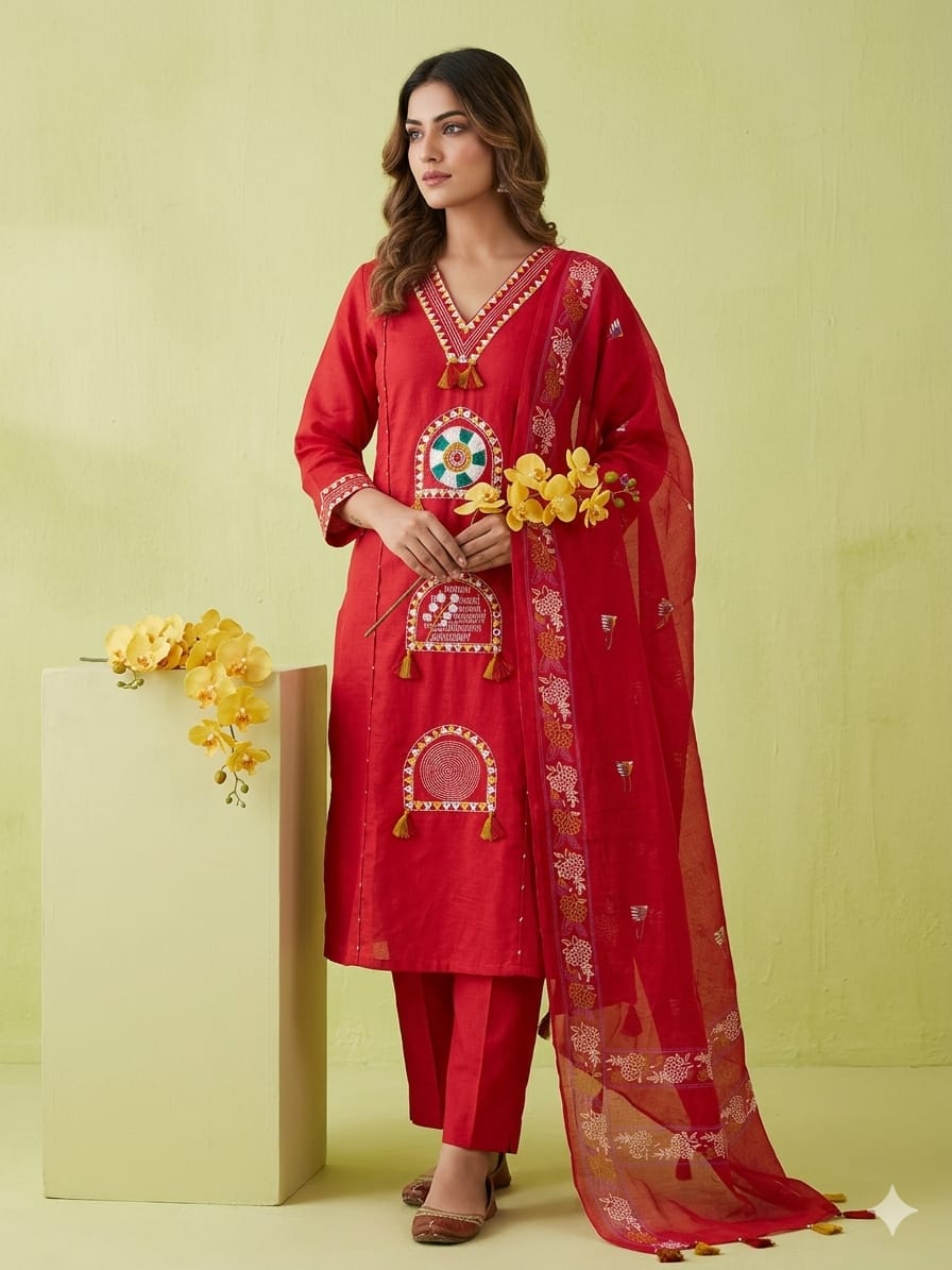Premium Ethnic Mirror Work Kurti Pant Dupatta Set for Women