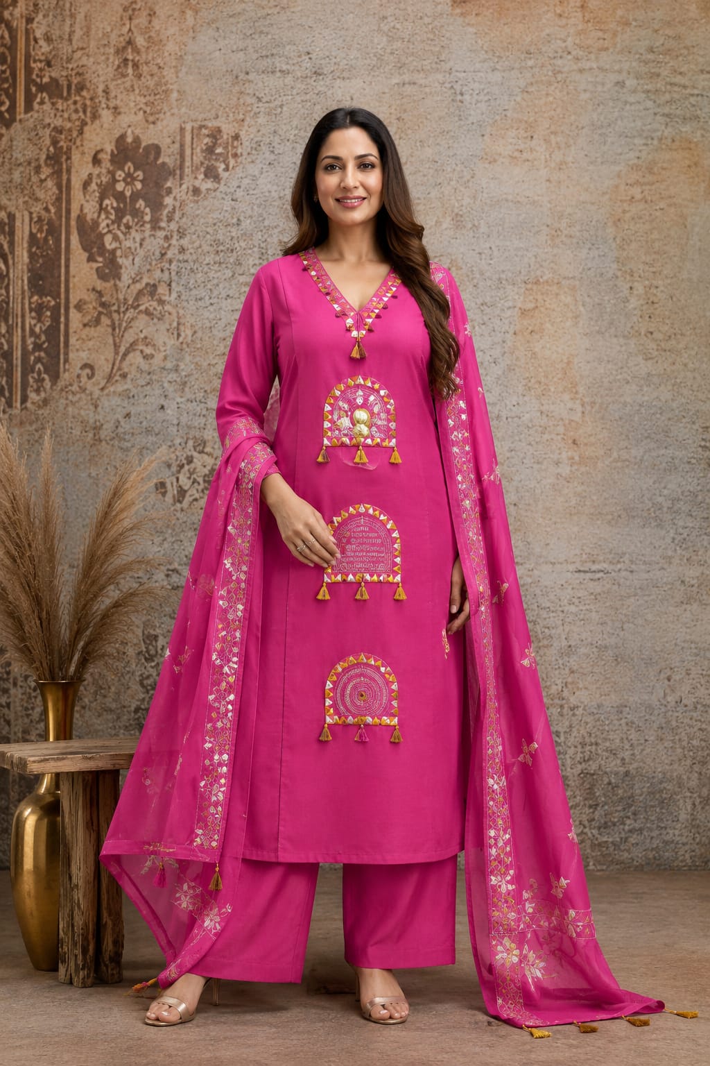 Premium Ethnic Mirror Work Kurti Pant Dupatta Set for Women