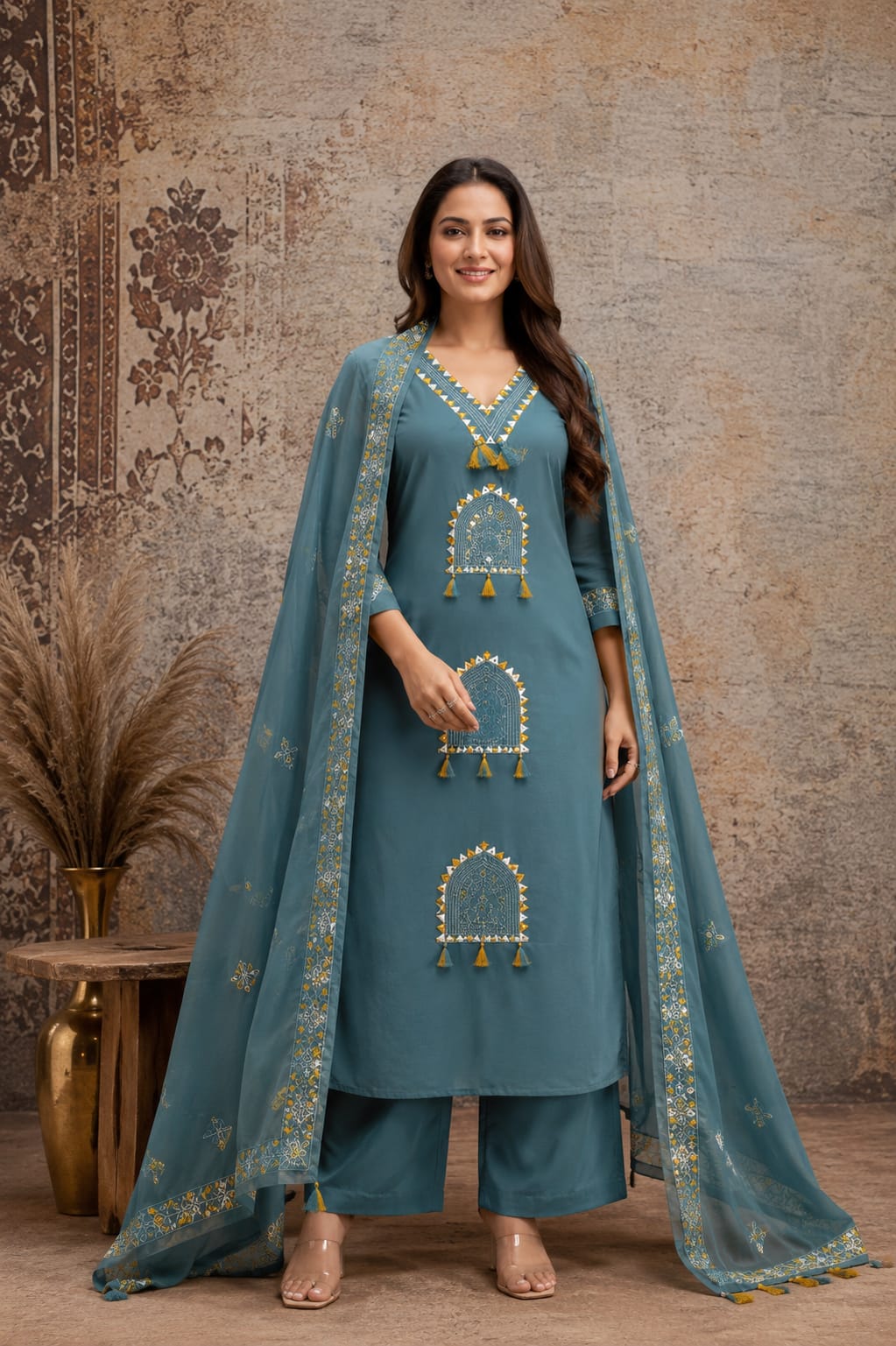 Premium Ethnic Mirror Work Kurti Pant Dupatta Set for Women