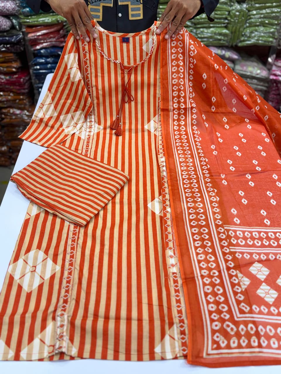Women's Striped Hand Block Print Cotton Kurta Pant Dupatta Set
