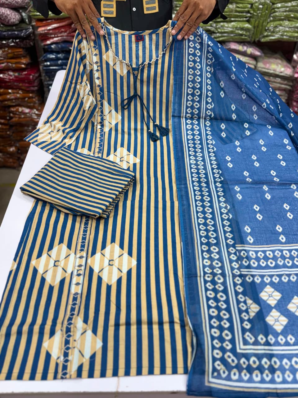 Women's Striped Hand Block Print Cotton Kurta Pant Dupatta Set