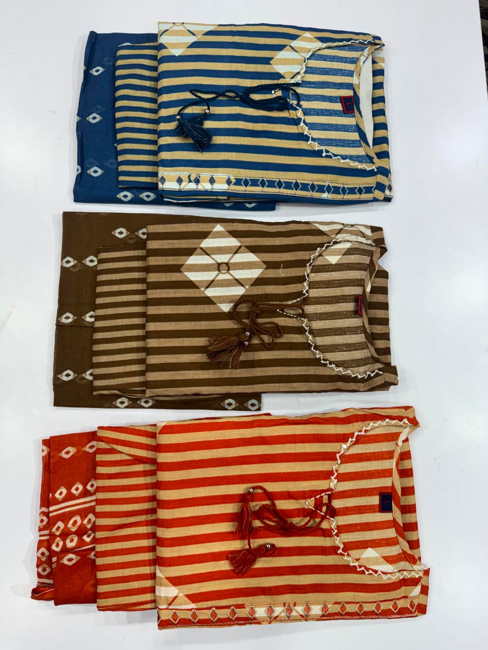 Women's Striped Hand Block Print Cotton Kurta Pant Dupatta Set