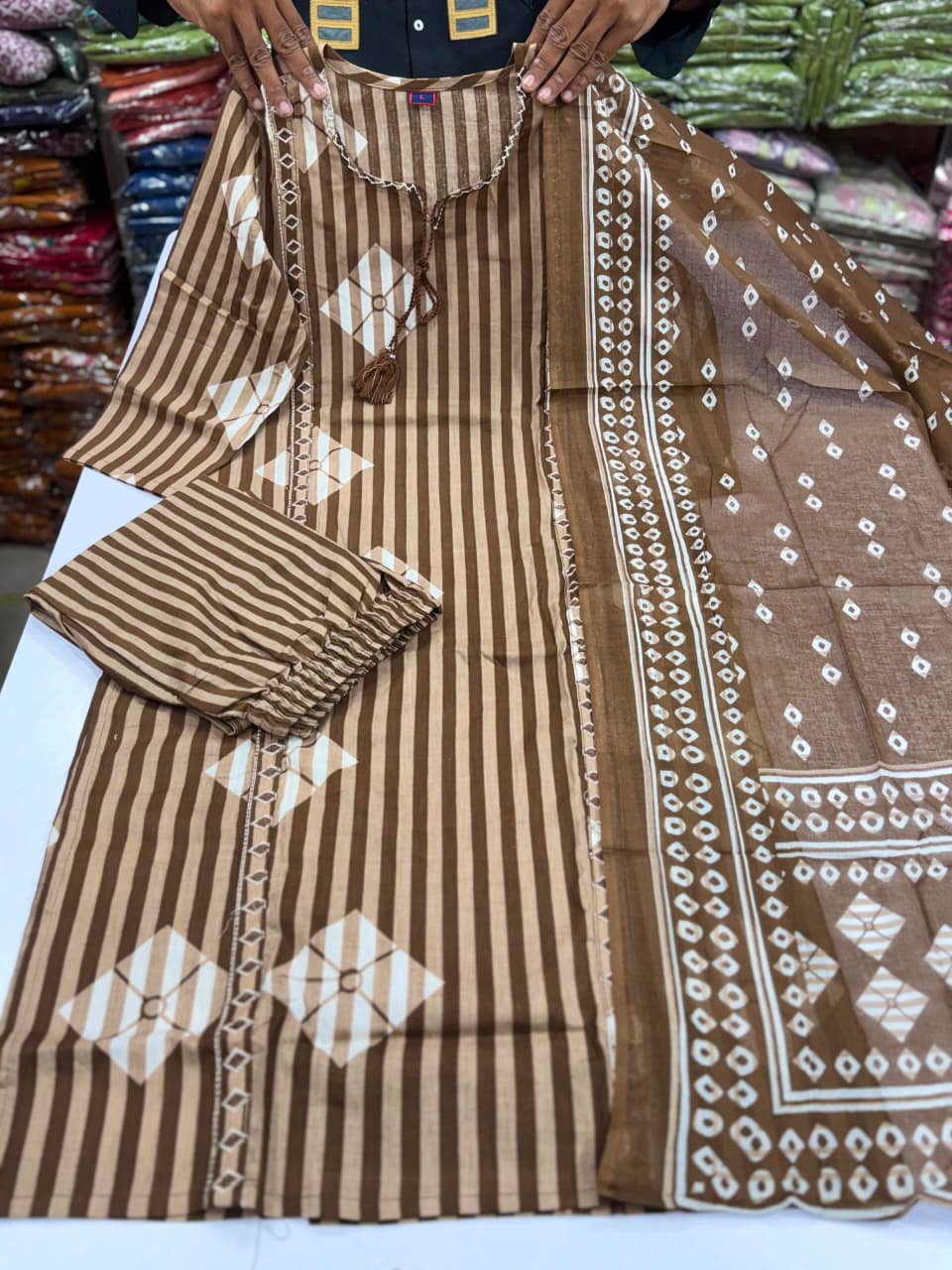Women's Striped Hand Block Print Cotton Kurta Pant Dupatta Set