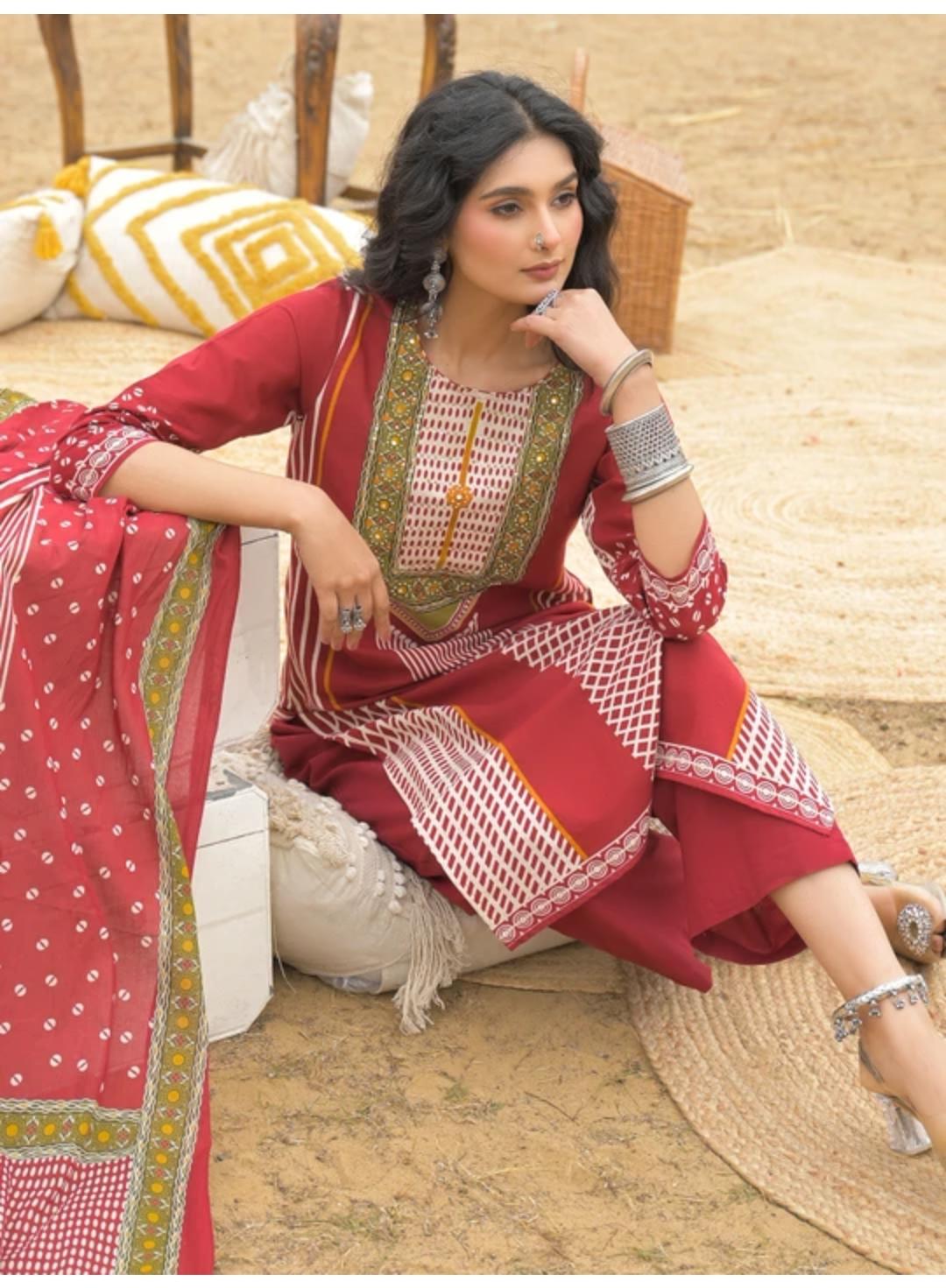 Ethnic Printed Kurta Pant Dupatta Set for Women – Geometric Pattern Collection