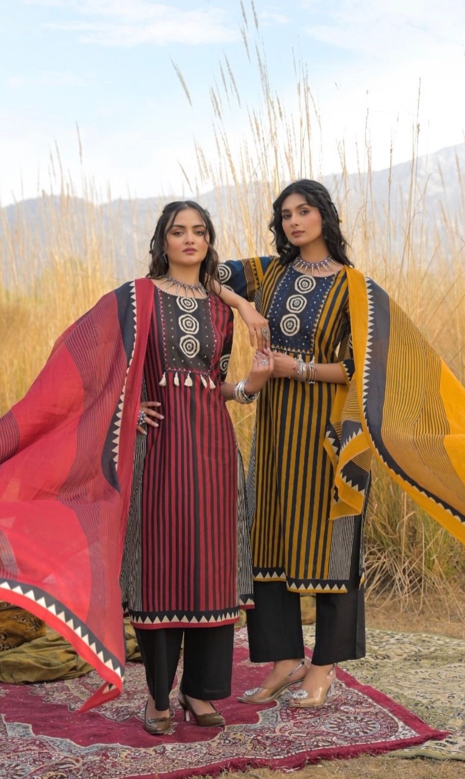 Tribal Stripe Printed Kurta Pant Dupatta Set for Women
