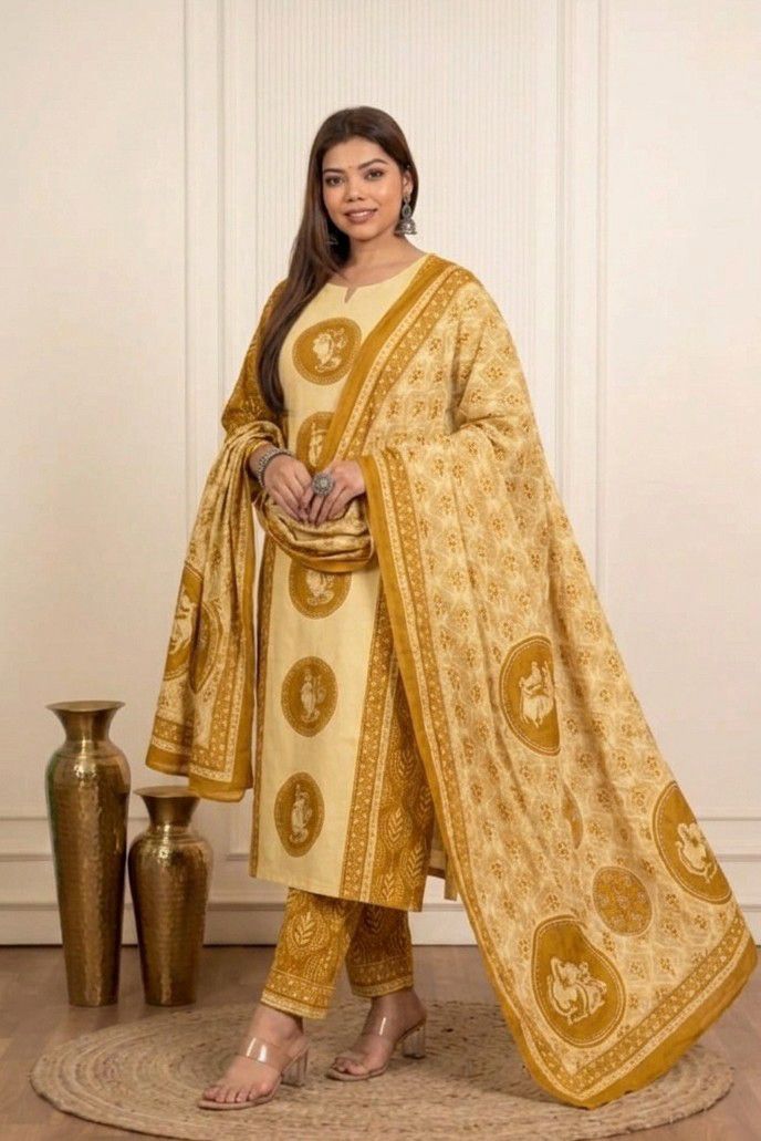 Heritage Motif Printed Kurta Pant Dupatta Set for Women