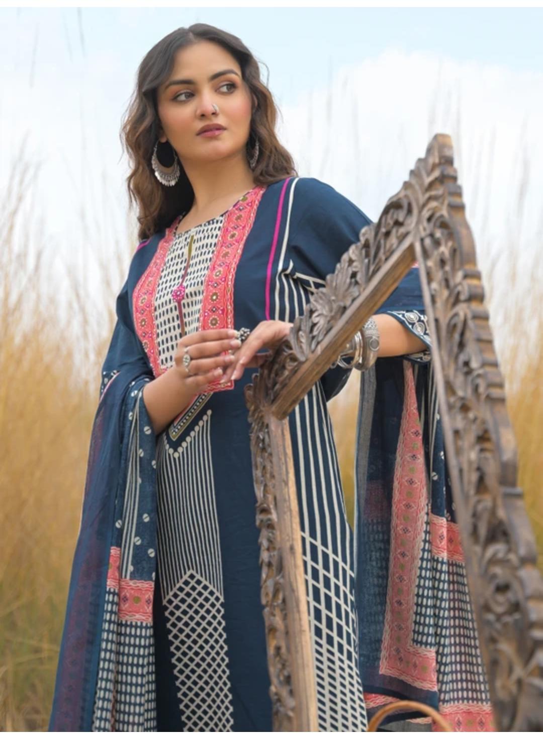 Ethnic Printed Kurta Pant Dupatta Set for Women – Geometric Pattern Collection