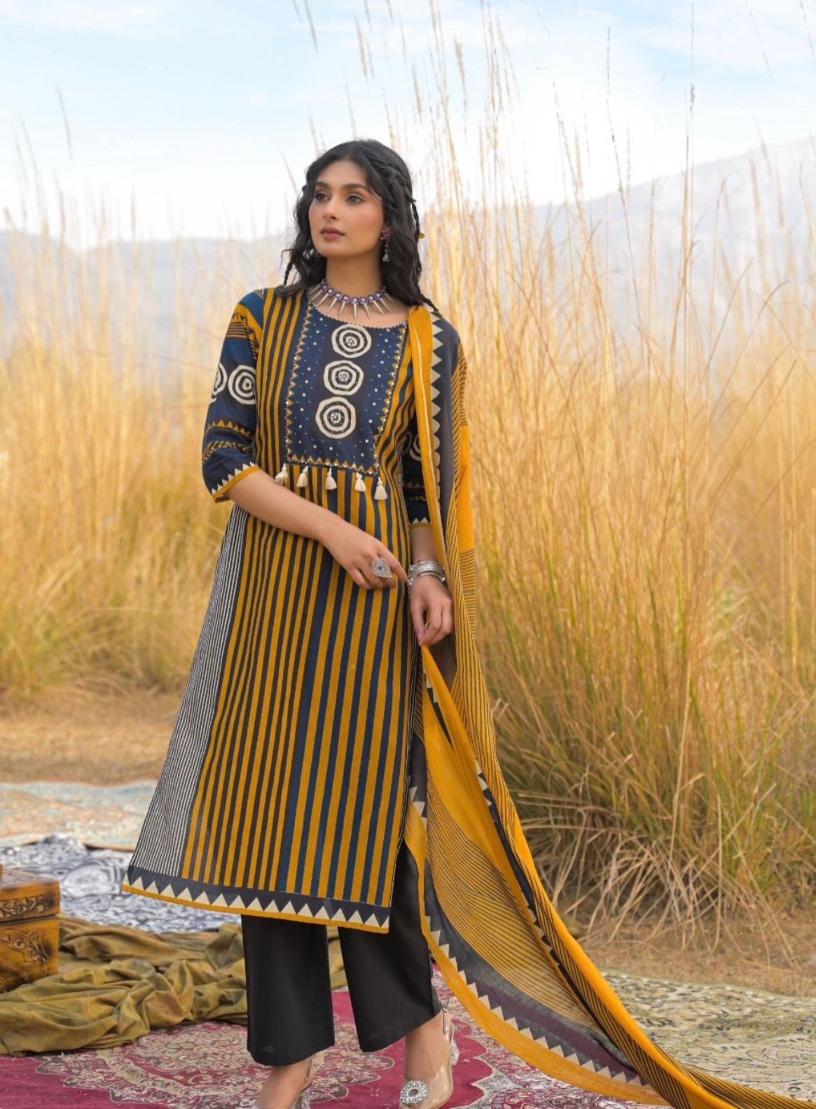 Tribal Stripe Printed Kurta Pant Dupatta Set for Women