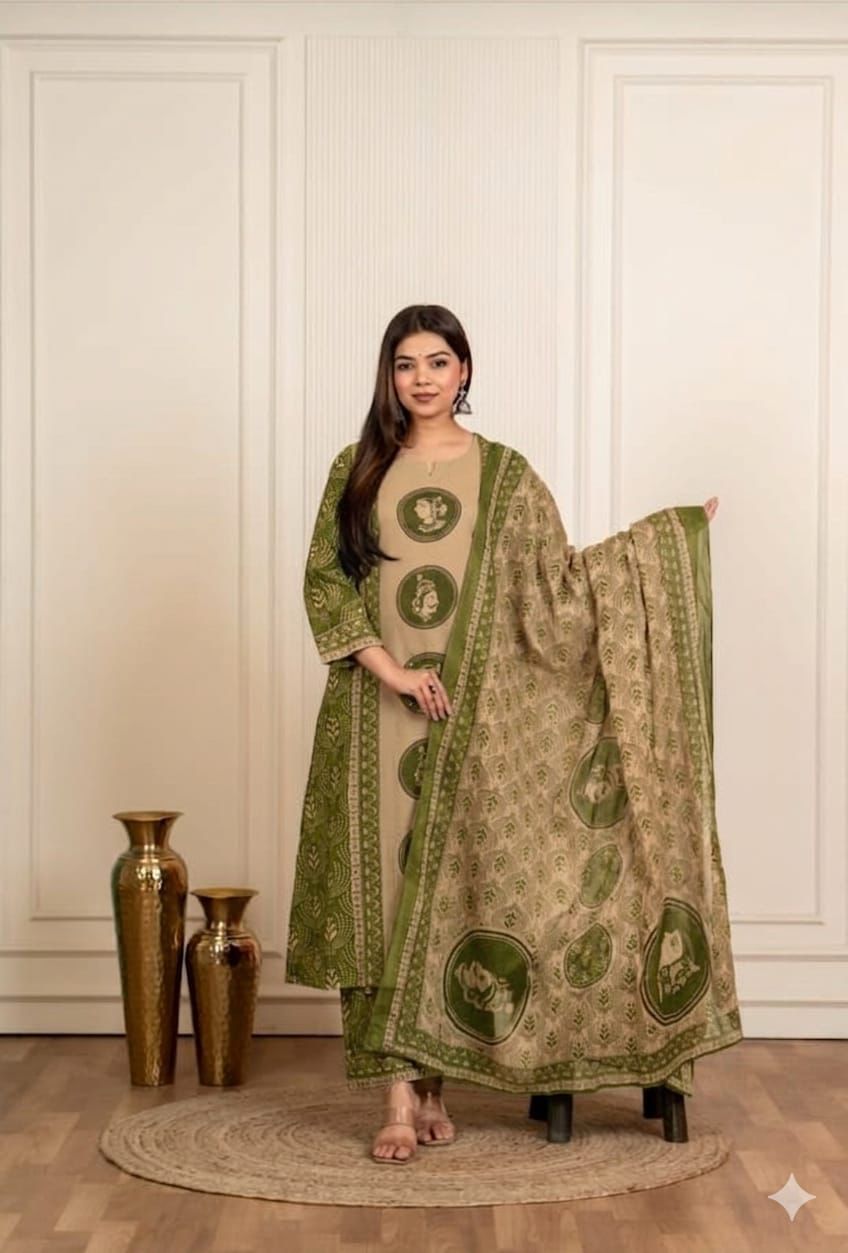 Heritage Motif Printed Kurta Pant Dupatta Set for Women