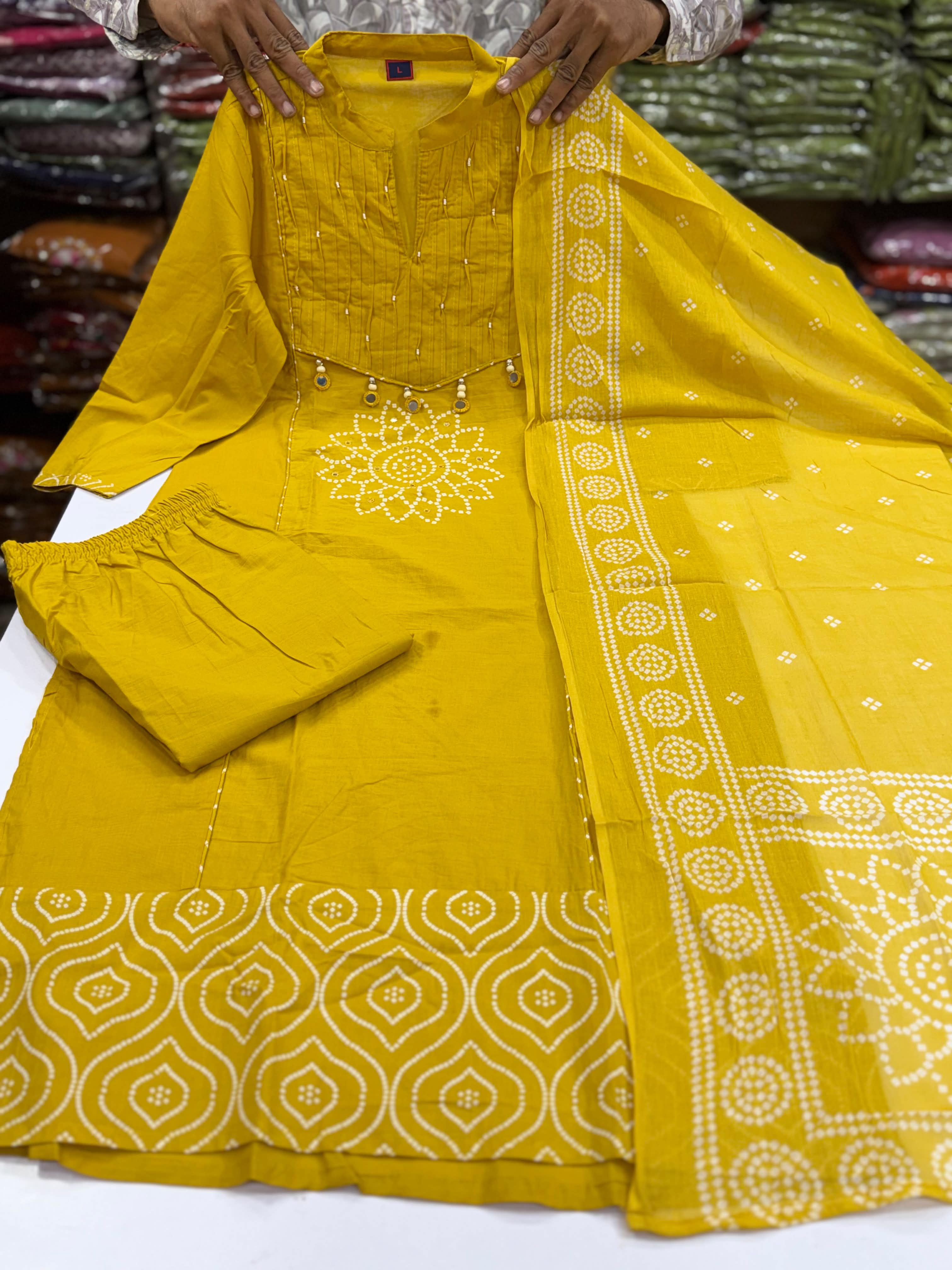 Women’s Bandhani Print Kurta Pant Dupatta Set with Mirror Tassel Detailing