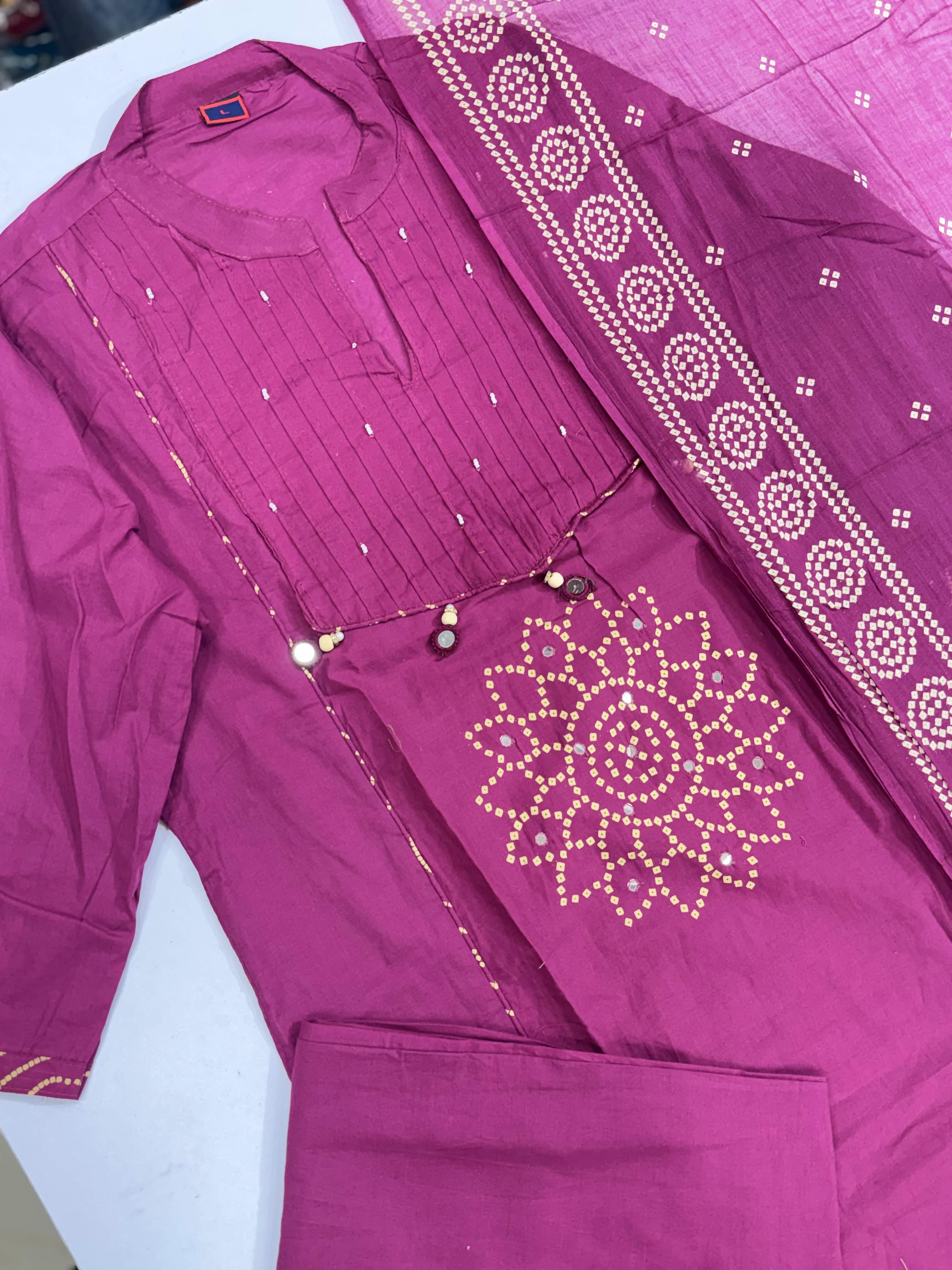 Women’s Bandhani Print Kurta Pant Dupatta Set with Mirror Tassel Detailing