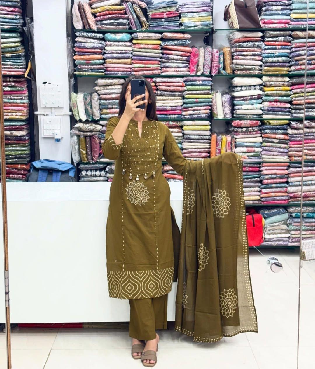 Women’s Bandhani Print Kurta Pant Dupatta Set with Mirror Tassel Detailing