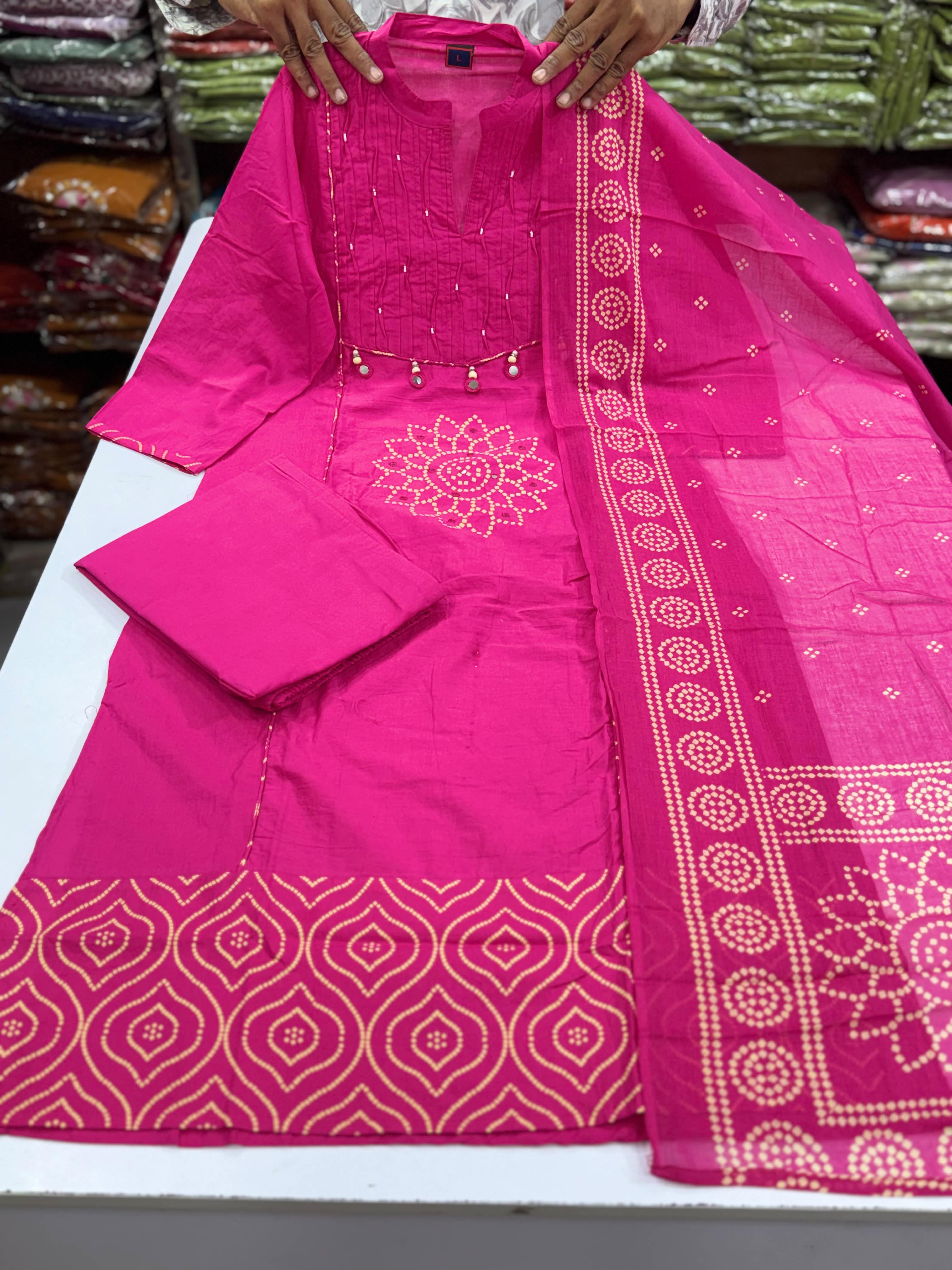 Women’s Bandhani Print Kurta Pant Dupatta Set with Mirror Tassel Detailing