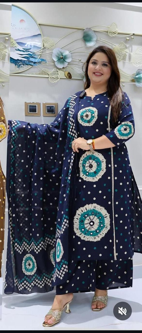 Women’s Bandhani Print Kurta Pant Dupatta Set – Ethnic Straight Fit 3-Piece Suit Set
