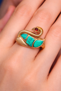 Vintage-Inspired Textured Gold Swan Ring with Turquoise Inlay and Ruby Eye